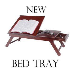NEW Walnut Winsome Alden Bed Laptop Tray Lap Desk Reading Workstation W/ Drawer